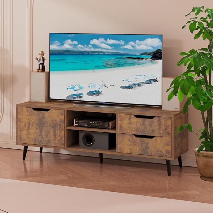Maxtown TV Stands for Living Room, TV Console Table for 55 Inch TV, Entertainment Center with 1 Cabinet, 2 drawers, Media Console with Metal Feet for Bedroom, Living Room, Rustic Brown - LeafyLoom