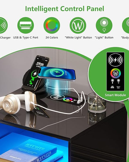 HNEBC RGB LED Nightstand with Wireless Charging Station, Smart Night Stand with 3 Drawers and Sliding Tray, Modern Bedside Table for Bedroom Furniture, High Gloss End Sofa Tables (B Black) - LeafyLoom