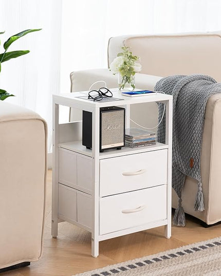 Yoobure Nightstand with Charging Station, Small Night Stand with Fabric Drawers and Storage Shelf for Bedrooms, Nightstands for Small Spaces, Bedside Table with USB Ports & Outlets, Bed Side Table - LeafyLoom