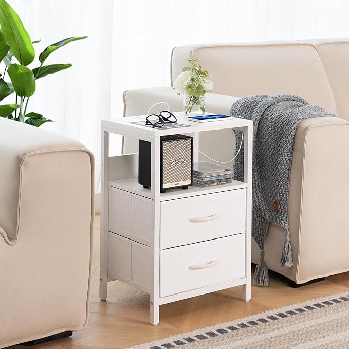 Yoobure Nightstand with Charging Station, Small Night Stand with Fabric Drawers and Storage Shelf for Bedrooms, Nightstands for Small Spaces, Bedside Table with USB Ports & Outlets, Bed Side Table - LeafyLoom