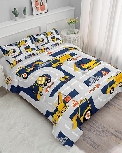 Axolotl Cartoon Excavator Bedding Set Queen,Tractor Truck Bedding Set,Boys Construction Bedding Set,Yellow Vehicles Truck Comforter Construction Site Decor for Kids Boys Teens,1 Quilt 2 Pillowcases - LeafyLoom