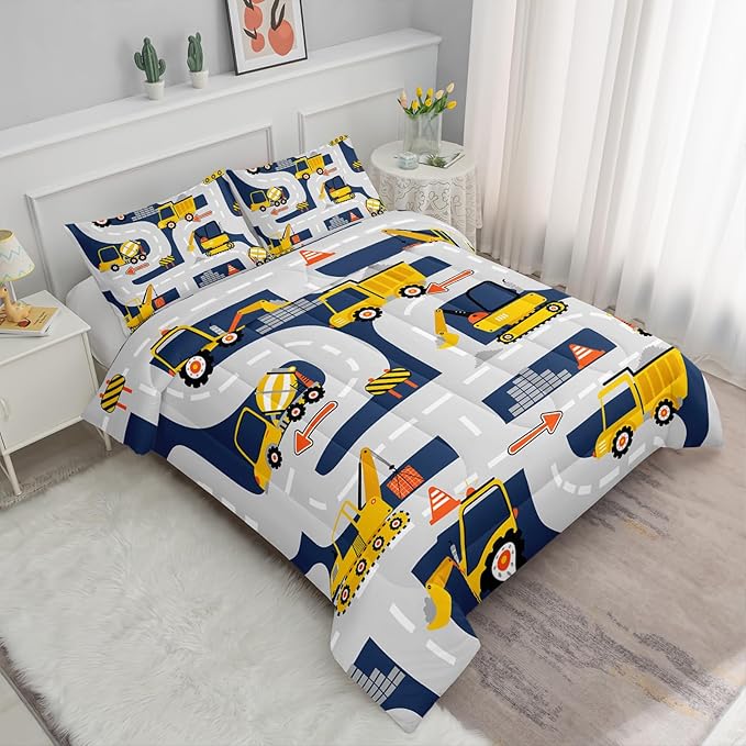 Axolotl Cartoon Excavator Bedding Set Full,Tractor Truck Bedding Set,Boys Construction Bedding Set,Yellow Vehicles Truck Comforter Construction Site Decor for Kids Boys Teens,1 Quilt 2 Pillowcases - LeafyLoom