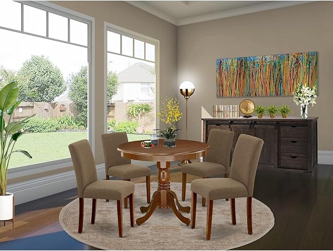 East West Furniture ANAB5-MAH-18 Antique 5 Piece Dining Set for 4 Includes a Round Kitchen Table with Pedestal and 4 Coffee Linen Fabric Upholstered Chairs, 36x36 Inch - LeafyLoom