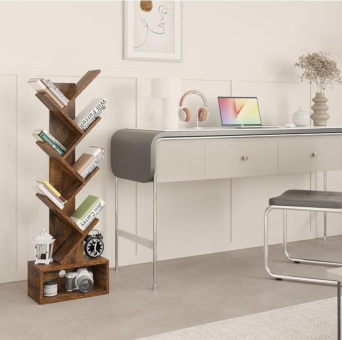 YMYNY 6 Tier Tree Bookshelf, Tall Bookcase, Wood Book Storage Rack with Drawer, Modern Floor Standing Book Shelf for Books/Movies/CDs, Utility Organizer for Living Room, Office, Rustic Brown UHBC016H - LeafyLoom