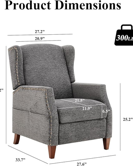 COLAMY Wingback Pushback Recliner Storage Pocket Upholstered Fabric Living Room Chair Armchair, with Wood Legs and Nailhead Trim, Dark Grey - LeafyLoom