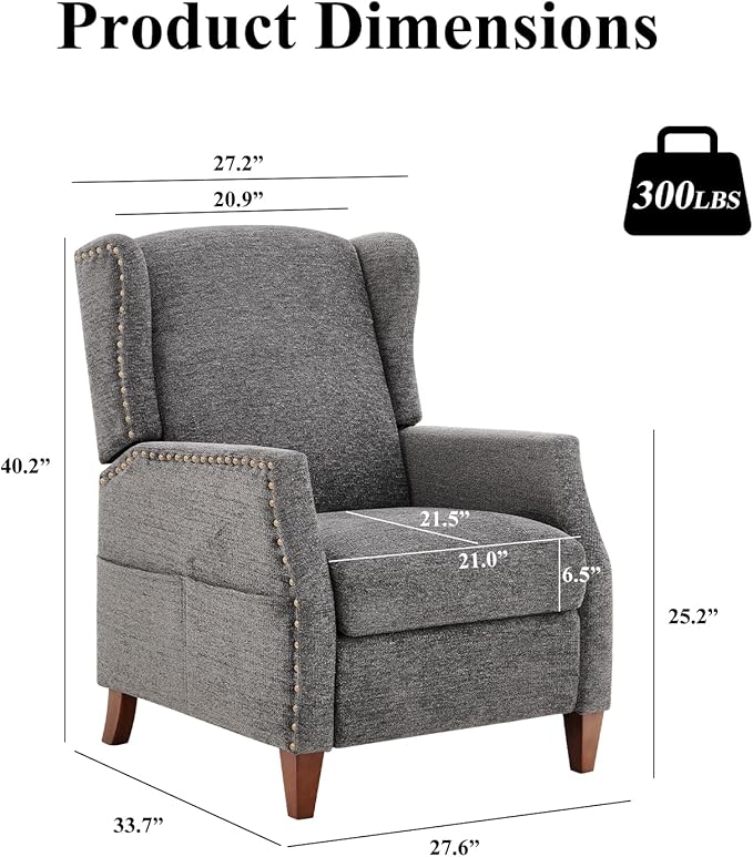 COLAMY Wingback Pushback Recliner Storage Pocket Upholstered Fabric Living Room Chair Armchair, with Wood Legs and Nailhead Trim, Dark Grey - LeafyLoom
