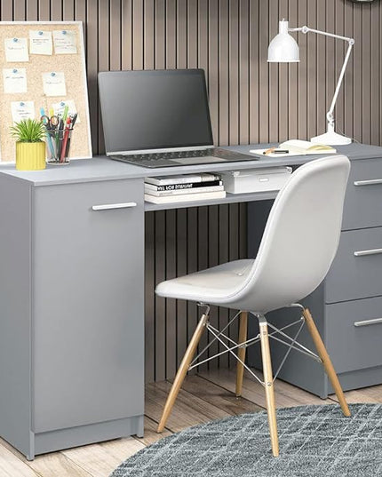 Madesa Computer Desk with 3 Drawers, 1 Door and 1 Storage Shelf, Wood Writing Home Office Workstation, Office Desk with Drawers - 30” H x 18” D x 53” W - Grey - LeafyLoom
