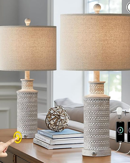 BOBOMOMO 3-Way Dimmable Touch Control Table Lamp Set of 2 with Dual USB Charging Ports for Bedroom Living Room Vintage Rustic Farmhouse Traditional Nightstand Bedside Lamps(Bulbs Included) - LeafyLoom