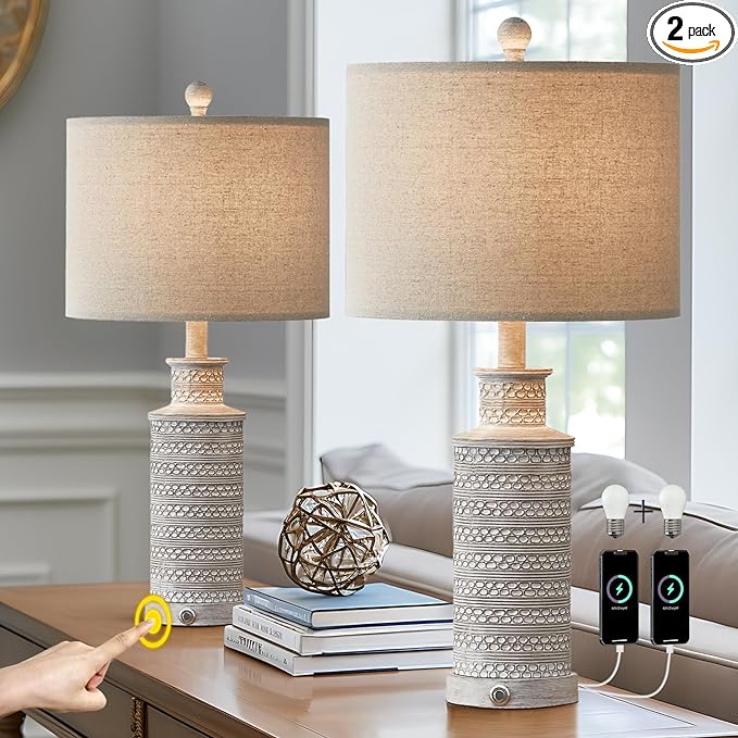 BOBOMOMO 3-Way Dimmable Touch Control Table Lamp Set of 2 with Dual USB Charging Ports for Bedroom Living Room Vintage Rustic Farmhouse Traditional Nightstand Bedside Lamps(Bulbs Included) - LeafyLoom