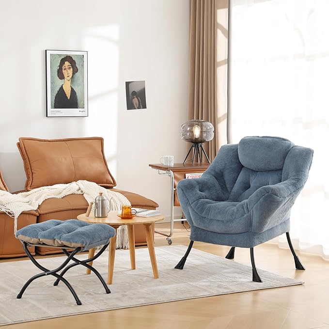 Cozy Lazy Chair and Ottoman, Large Contemporary Accent Lounge Chair Set, Leisure Upholstered Reading Armchair for Bedroom, Living Room, Dorm Rooms, Office - LeafyLoom