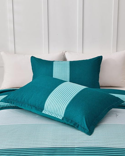 WONGS BEDDING Comforter Set King, Reversible Teal Blue Striped Patchwork Down Alternative Comforter for King Bed,3 Pieces (1 Comforter+2 Pillowcases), Soft Microfiber Bedding Set 104"×90" - LeafyLoom