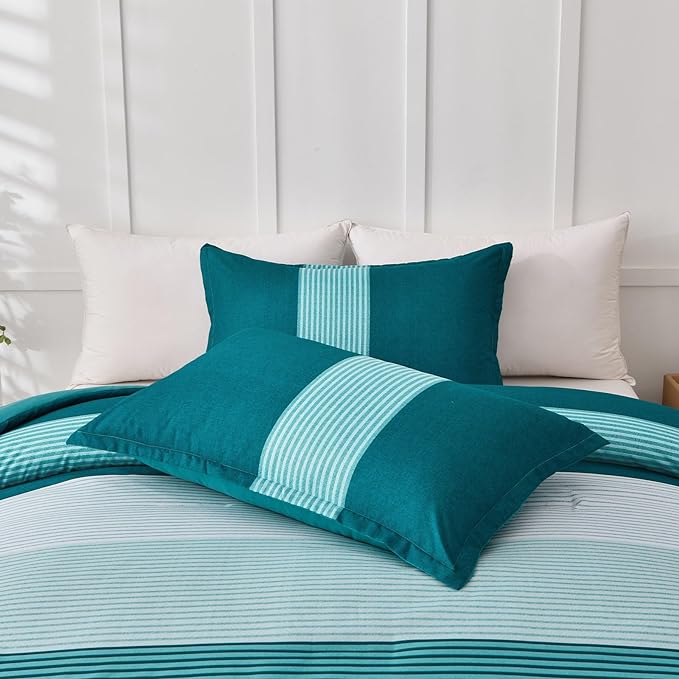 WONGS BEDDING Comforter Set King, Reversible Teal Blue Striped Patchwork Down Alternative Comforter for King Bed,3 Pieces (1 Comforter+2 Pillowcases), Soft Microfiber Bedding Set 104"×90" - LeafyLoom