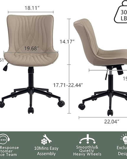 YOUTASTE Office Chair Armless Desk Chair Small Computer Swivel Rolling Chair with Wheels, Modern Upholstered PU Leather Task Chair, Adjustable Home Office Desk Chairs for Computer, Khaki - LeafyLoom