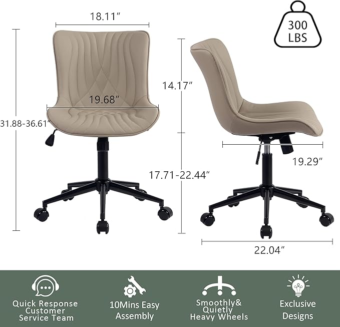 YOUTASTE Office Chair Armless Desk Chair Small Computer Swivel Rolling Chair with Wheels, Modern Upholstered PU Leather Task Chair, Adjustable Home Office Desk Chairs for Computer, Khaki - LeafyLoom