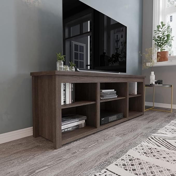 Flash Furniture Kilead TV Stand for up to 80" TVs - Modern Espresso Finish - 65" Engineered Wood Framed Media Console - 6 Open Storage Compartments - LeafyLoom