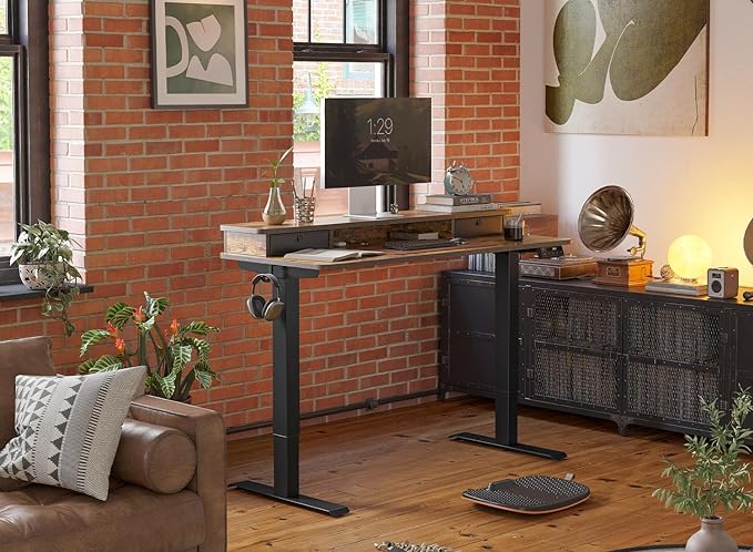 FEZIBO 40 x 24 Inch Height Adjustable Electric Standing Desk with Double Drawer, Stand Up Desk with Storage Shelf, Sit Stand Desk, Rustic Brown - LeafyLoom