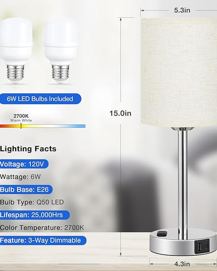Touch Lamps for Bedrooms Set of 2 Modern - White 3 Way Dimmable Bedside Lamp with USB C and A Ports and Outlets, Nightstand Lamp with Silver Base, Small Table Lamps for Nursery Kids Girl and Boy - LeafyLoom
