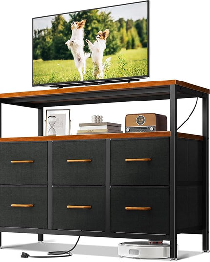 AODK TV Stand with Power Outlet, 40" Long TV Stand with 6 Large Fabric Drawers, Entertainment Center with Open Shelves for 55 Inch TV, Living Room, Black and Vintage - LeafyLoom
