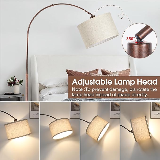 Dimmable Arc Floor Lamps for Living Room, Mid Century Floor Lamp, Antique Bronze Standing Lamp with Adjustable Hanging Shade, Tall Pole Lamp Reading Light for Bedroom, Over Couch, 9W LED Bulb Included - LeafyLoom