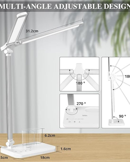 iVict Dual Swing Arm LED Desk Lamps, 5 Light Modes x 10 Brightness Levels Desk Light with USB Charging Port, 45 Minutes Auto Timer Table Lamp, Desk Lamp for Home Office, Bedroom, Reading/Study - LeafyLoom