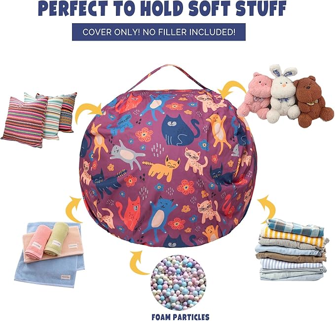 Stuffed Animal Storage Bean Bag Chair Cover, Hold Kids Plush Toys Blankets Towels Beanbag (Cover Only), Canvas Floor Circle Stuff Sit Seat Sofa with YKK Zipper, Large 32", Cat - LeafyLoom