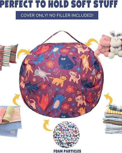 Stuffed Animal Storage Bean Bag Chair Cover, Hold Kids Plush Toys Blankets Towels Beanbag (Cover Only), Canvas Floor Circle Stuff Sit Seat Sofa with YKK Zipper, Extra Large 38", Cat - LeafyLoom