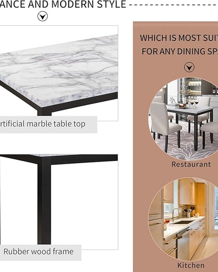 Kitchen Faux Marble 5-Piece Set Table with 4 Thicken Cushion Dining Chairs Home Furniture, White/Beige+Black - LeafyLoom