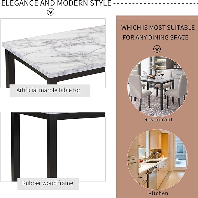 Kitchen Faux Marble 5-Piece Set Table with 4 Thicken Cushion Dining Chairs Home Furniture, White/Beige+Black - LeafyLoom