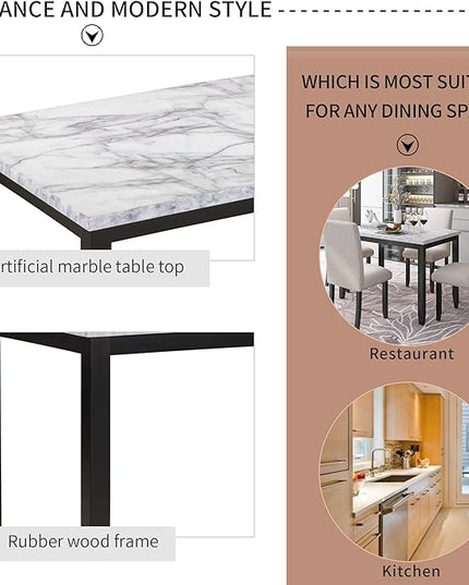 RITSU Modern Marble 5 Piece Dining Table Set with 4 Thick Upholstered Burlap Chairs W/Rivet Edge Trim, Solid Wood Frame, for Living Room, Apartment White/Beige & Black, 45.3inch - LeafyLoom
