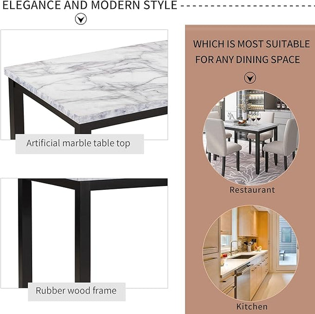 RITSU Modern Marble 5 Piece Dining Table Set with 4 Thick Upholstered Burlap Chairs W/Rivet Edge Trim, Solid Wood Frame, for Living Room, Apartment White/Beige & Black, 45.3inch - LeafyLoom
