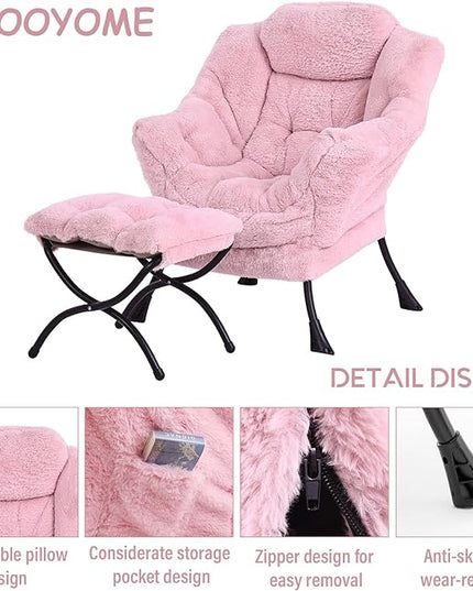 Lazy Chair with Ottoman, Modern Accent Chair Contemporary Lounge Leisure Upholstered Sofa Chair Set with Armrests, Reading Chair for Living Room, Bedroom, Office, Plush Pink - LeafyLoom