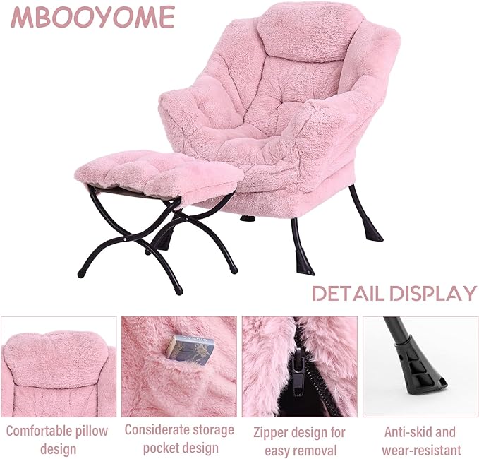 Lazy Chair with Ottoman, Modern Accent Chair Contemporary Lounge Leisure Upholstered Sofa Chair Set with Armrests, Reading Chair for Living Room, Bedroom, Office, Plush Pink - LeafyLoom