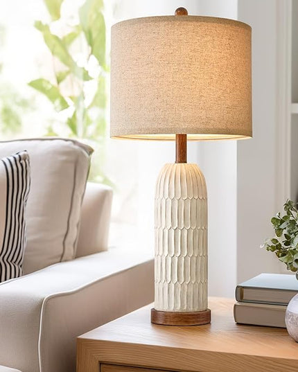 OYEARS Small Table Lamp for Bedroom Living Room with USB A+C Charging Ports Modern Farmhouse Bedside End Lamps Rustic Nightstand Lamps,White and Brown（1 Pack） - LeafyLoom