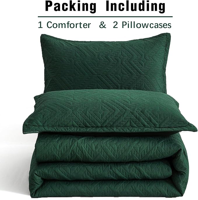 WONGS BEDDING Emerald Green Comforter Set Queen Size(90“×90”), Boho Geometric Textured Bedding Comforter Sets - 3 Pieces Reversible Soft Microfiber Ultrasonic Bedding with 2 Pillowcases - LeafyLoom