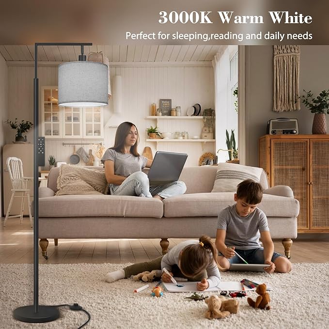 PESRAE Floor Lamp for Living Room, LED Floor Lamp with Remote Control, 4 Color Temperature LED Bulb Included, Modern Standing lamp with Linen Lampshade for Bedroom,Grey… - LeafyLoom