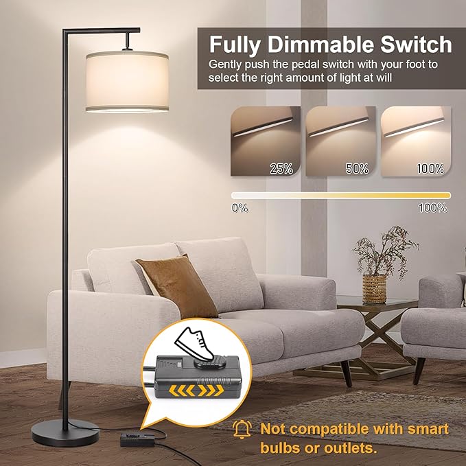Boncoo Black Floor Lamp, Dimmable Floor Lamp for Living Room, Modern Standing Lamp with Adjustable Drum Shade, Tall Reading Light Corner Lamp Suitable for Couch, Bedroom, Office (Bulb Included) - LeafyLoom