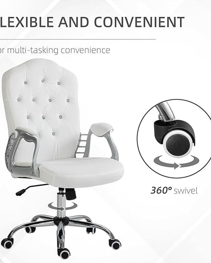 Vinsetto Home Office Chair, Velvet Computer Chair, Button Tufted Desk Chair with Swivel Wheels, Adjustable Height, and Tilt Function, White - LeafyLoom