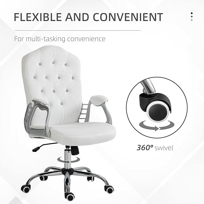 Vinsetto Home Office Chair, Velvet Computer Chair, Button Tufted Desk Chair with Swivel Wheels, Adjustable Height, and Tilt Function, White - LeafyLoom