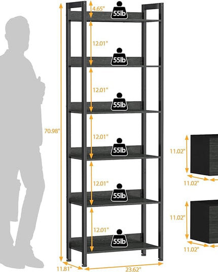 Furologee 6-Tier Bookshelf, Tall Bookcase with 2 Drawers Storage Organizer, Industrial Display Free Standing Shelf Units, Wood and Metal Storage Rack for Home Office, Bedroom, Black Oak - LeafyLoom