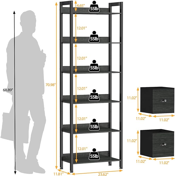 Furologee 6-Tier Bookshelf, Tall Bookcase with 2 Drawers Storage Organizer, Industrial Display Free Standing Shelf Units, Wood and Metal Storage Rack for Home Office, Bedroom, Black Oak - LeafyLoom