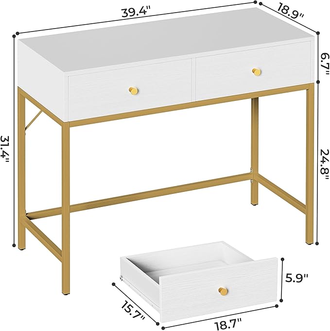 SUPERJARE 35.4" White and Gold Desk with 2 Drawers, Modern Makeup Vanity Desk, Small Computer Desk Home Office Desk for Writing Study Bedroom - LeafyLoom
