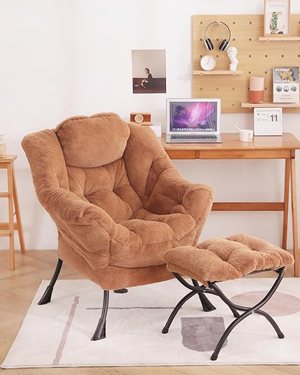 Welnow Lazy Chair with Ottoman, Modern Lounge Accent Chair with Armrests and a Side Pocket, Leisure Sofa Chair, Reading Chair with Footrest for Small Space, Corner Chair, Plush Brown - LeafyLoom