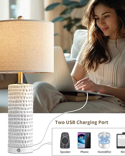 PORTRES 24" Bedside Lamps Table Lamp for Bedroom, 3-Way Dimmable Touch Nightstand Lamp, Farmhouse Ceramic White Lamp for Living Room End Table Lamps with USB C+A Ports (1 Pack) - LeafyLoom