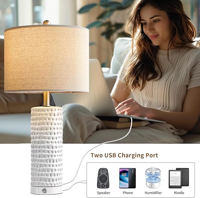 PORTRES 24" Bedside Lamps Table Lamp for Bedroom, 3-Way Dimmable Touch Nightstand Lamp, Farmhouse Ceramic White Lamp for Living Room End Table Lamps with USB C+A Ports (1 Pack) - LeafyLoom