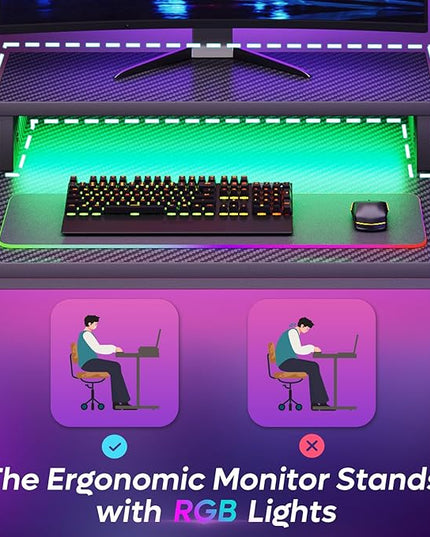 Bestier Small Gaming Desk with Monitor Stand, 42 inch LED Computer Desk, Gamer Workstation with Cup Holder & Headset Hooks, Modern Simple Style Desk for Home Office, Carbon Fiber Black - LeafyLoom