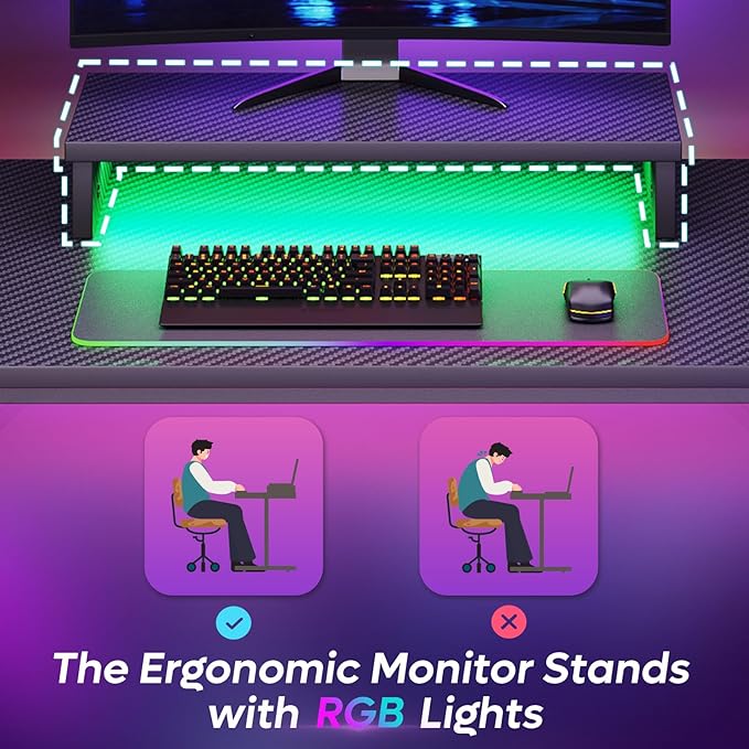 Bestier Small Gaming Desk with Monitor Stand, 42 inch LED Computer Desk, Gamer Workstation with Cup Holder & Headset Hooks, Modern Simple Style Desk for Home Office, Carbon Fiber Black - LeafyLoom