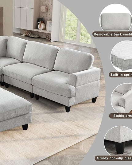 129.5" Modular Sectional Couch with Ottoman,6 Seat Chenille Corner Sofa with Seat Cushions Have a Built-in sSpring Pack,Multi-layered Plywood,for Living Room, Apartment, Bedroom, Office - LeafyLoom