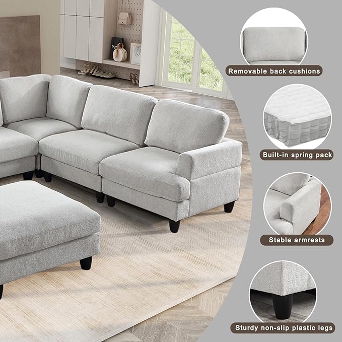 129.5" Modular Sectional Couch with Ottoman,6 Seat Chenille Corner Sofa with Seat Cushions Have a Built-in sSpring Pack,Multi-layered Plywood,for Living Room, Apartment, Bedroom, Office - LeafyLoom