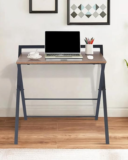Folding Desk, Foldable Table Space Saving Computer Sturdy Writing Table Workstation for Home Office with Metal Frames/Wood Top Laptop, No Assembly Required, Brown - LeafyLoom