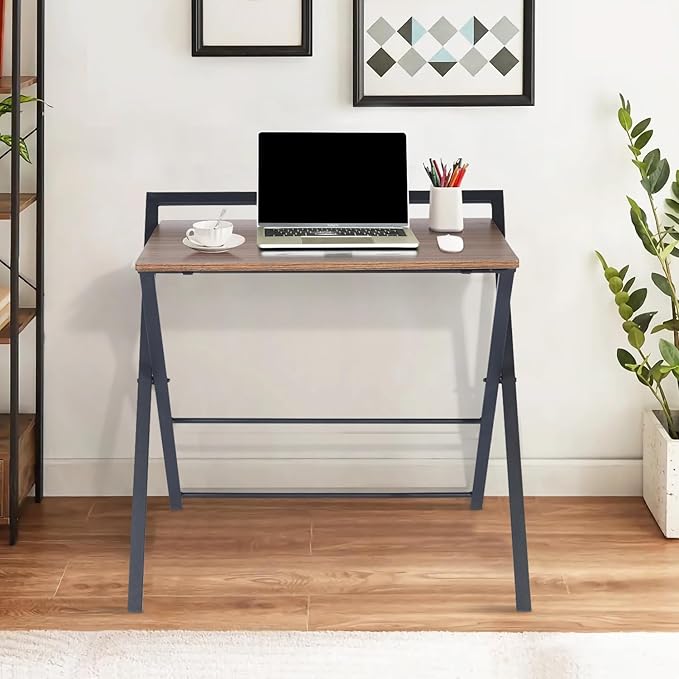 Folding Desk, Foldable Table Space Saving Computer Sturdy Writing Table Workstation for Home Office with Metal Frames/Wood Top Laptop, No Assembly Required, Brown - LeafyLoom